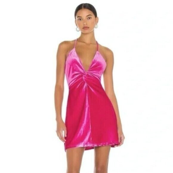 More To Come Velvet Pink Mini Dress Plunge Cocktail Party Strap Mini Feminine - Picture 1 of 8
